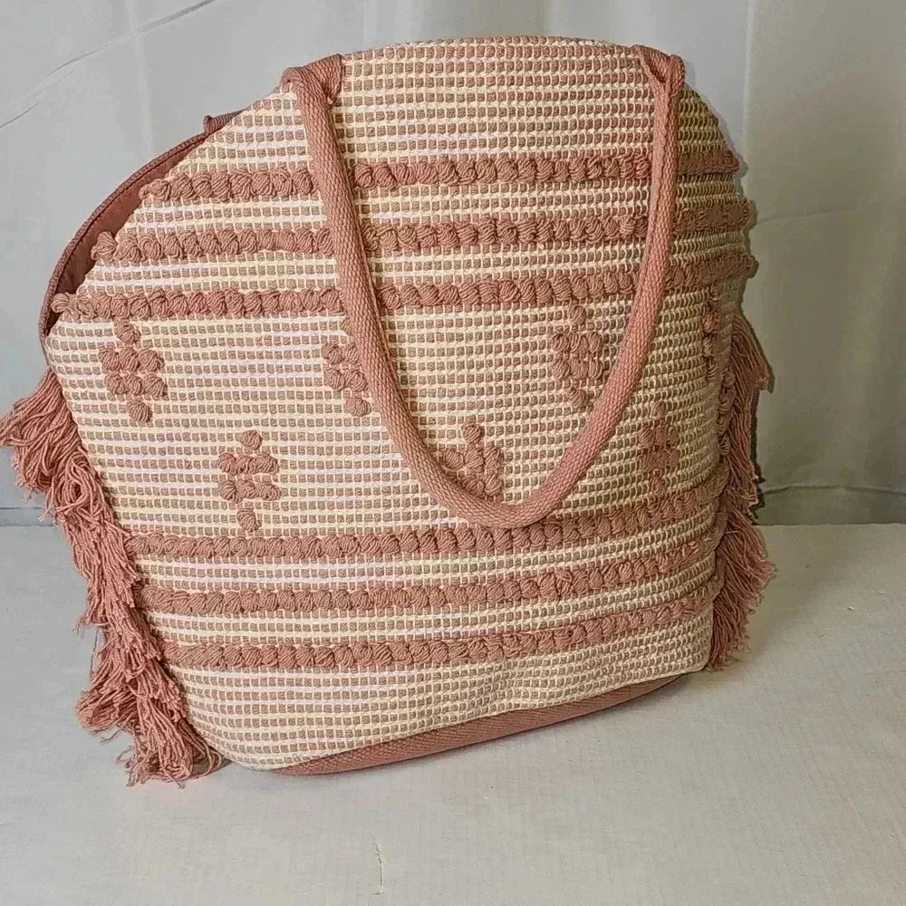 Shade & Shore Straw And Fringe‎  Mauve / White Beach Large Tote